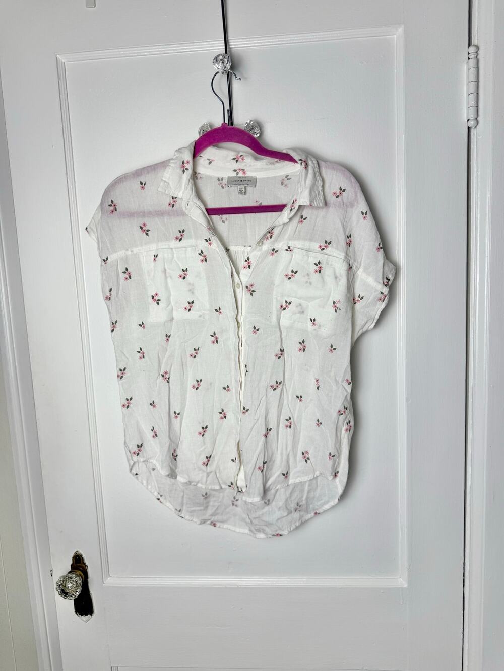 Lucky Brand White Pink Floral Gauzy Flowy Short Sleeve Button Down Shirt
